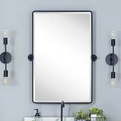 Productafbeelding van TEHOME Landelijke stijl spiegel, rechthoekig, voor de badkamer, met een zwarte metalen lijst