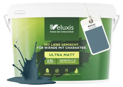 Produktbild von Wandfarbe Blau Grau Petrol Matt Innenfarbe – Deckkraft Klasse 1, VOC-frei, Ohne Grundierung, Tropfarm – Wohnzimmer & Schlafzimmer – 2,5L – Veluxis (Blue Mussel)
