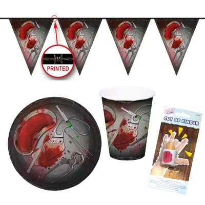 Produktbild von 18-teiliges Bloody Halloween Party-Set inkl. Pappteller, Pappbecher und Scherzartikel Abgeschnittener Finger