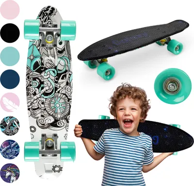 Produktbild von QKIDS GALAXY Skateboard - Cruiser 8 Designs, ABEC-7 - 56cm Deck - Bis zu 50kg - Grau-Blau
