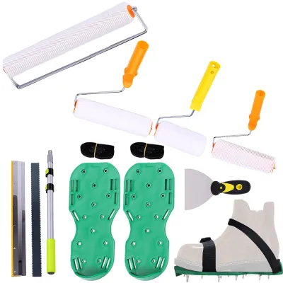 Produktbild von Bodenbeschichtungs-Set: 11 mm Noppenwalze, Schuhe mit Noppen, Selbstnivellierender Beton, Bodenfarbe, Spachtel, Verlängerungsstange, Schaber, Farbwalze für Zement