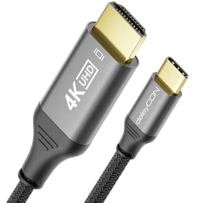 Produktbild von deleyCON 2m 4K USB-C auf HDMI Kabel - 4K@60Hz 2K@120Hz mit Aluminiumstecker & Nylonkabel Kompatibel mit Thunderbolt 3/4 Handy Smartphone Tablet PC Computer uvm. - Grau Schwarz