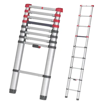 Two aluminum telescopic ladders are shown against a white background. One is partially extended and folded, while the other is fully extended.