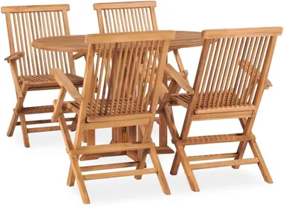Produktbild von 5-teiliges, klappbares Garten-Essset aus massivem Teakholz für Terrasse, Balkon und Garten, wetterfest und langlebig, mit Balkontisch und Stühlen