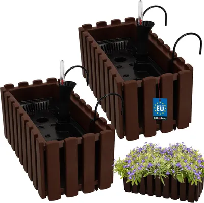 Produktbild von KOTARBAU® 2er Set Blumenkasten Balkon Blumentopf Selbstbewässernd 38x18x16cm Braun Kunststoff Blumentopf Balkongeländer Bewässerungssystem Blumenkastenhalterung Pflanzkübel Groß Außen