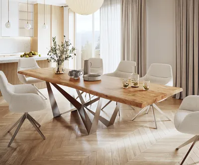 Produktbild von DELIFE Esstisch Edge 300x100 XL Akazie Natur Spider Flachstahl Edelstahl Live-Edge