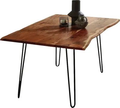 Produktbild von Esstisch Baumkante massiv Akazie nussbaum 80x80 Hairpin-Gestell schwarz HANNAH