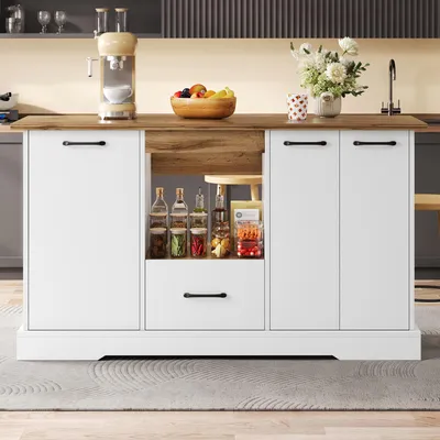 Immagine prodotto di Isola da cucina MODFU con piano di lavoro pieghevole, dimensioni 150×45(65)×80 cm, mobile da cucina con 1 cassetto e 3 scomparti, tavolo da cucina con ampio spazio di stoccaggio, colore bianco e finitura naturale
