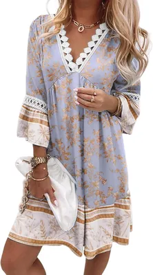 Produktbild von Strandkleid, Blumenmuster, V-Ausschnitt, 3/4 Ärmel, 100% Viskose, für Sommer