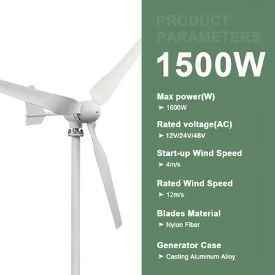 Productafbeelding van Windmolen Generator - Windturbine - Windenergie Generator - Aerogenerator - Stroomgenerator - 1500W Vermogen
