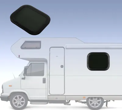 Immagine prodotto di Finestra fissa per camper, 500 x 300 mm, lega di alluminio, impermeabile, nera, angolo arrotondato con anello per camper, roulotte, per pareti con spessore 33-38 mm/1,3-1,5 pollici