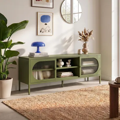 Produktbild von Industrieller TV-Ständer aus olivgrünem Metall, 160 cm, mit 2 geriffelten Glastüren - COME