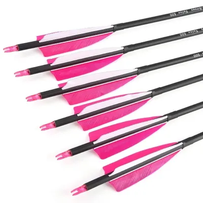 Produktbild von Bogenschießpfeile - Gemischte Carbonpfeile - 12er-Set - 80 cm, Innendurchmesser 6,2 mm - Spine 500 - 10 cm Truthahnfedern - Für Recurve- und Compoundbogen - Pink