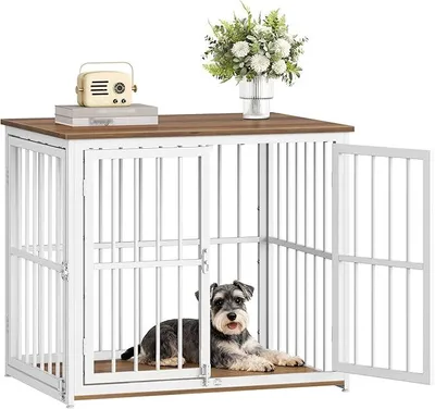 Produktbild von Hundekäfig Möbel, Hundebox, 80x60x70cm, Vintagebraun & Weiß | Hundebox für Zuhause mit 3 Türen, Beistelltisch, Hundekäfig Hochbelastbar, für Kleine und Mittelgroße Hunde FPDC011FWR1