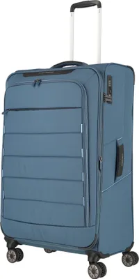 A blue trolley suitcase with a retractable handle and wheels.