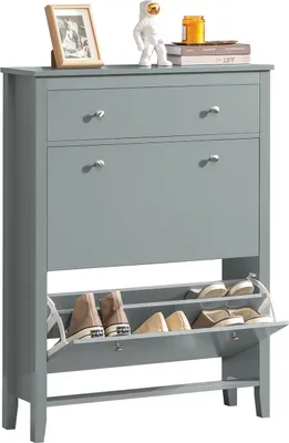 Obrázok produktu pre SoBuy FSR89-HG Skriňa na topánky s 2 chlopňami Stojan na topánky so zásuvkou Komoda na topánky Stojan na topánky Grey WHT cca: 80x108x25cm