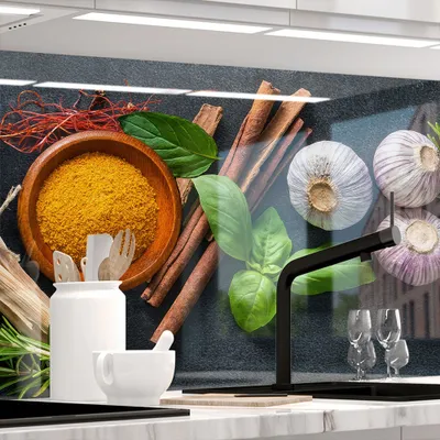 Produktbild von Küchenrückwand selbstklebend Glasoptik - GEWÜRZSCHALEN - 1.8mm, versteift, alle Untergründe, Hart PET Material, PREMIUM 60 x 80cm