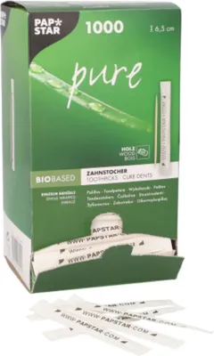 Produktbild von 1000 Papstar Zahnstocher, Holz gehüllt pure rund 6,5 cm www.PAPSTAR.com 16691