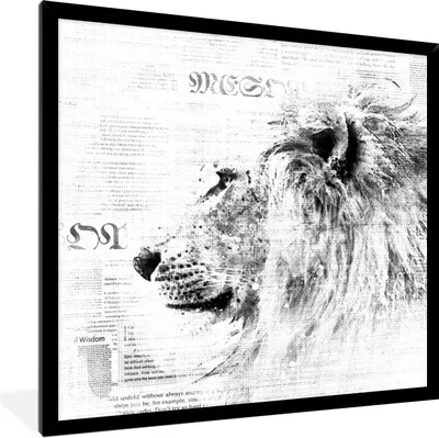 Produktbild von MuchoWow® Gerahmtes Poster Löwe - Zeitung - Schwarz - Weiß 40x40 cm - Poster mit Schwarzem Bilderrahmen Wandposter Rahmen Foto Bilder - Mit Rahmen - Wanddekoration Schlafzimmer