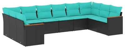 Image de vidaXL Ensemble de 10 canapés de jardin avec coussins, polyrattan noir