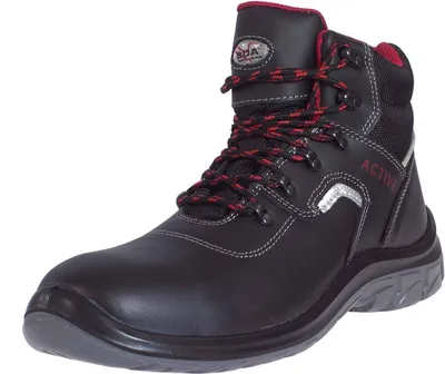 A black work boot with red accents and laces, shown against a white background.