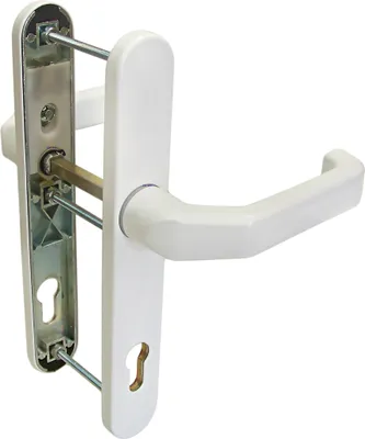 A white door handle set with visible mounting hardware, shown against a white background.