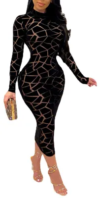 Produktbild von Uni Clau Damen y Sheer Mesh Boydcon Midi Kleid Durchsichtig Bedruckt Langarm