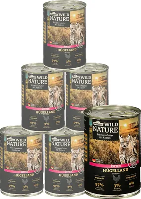 Produktbild von Dehner Wild Nature Katzenfutter Hügelland Kitten, Nassfutter getreidefrei / zuckerfrei, für junge Katzen, Huhn, 6 x 400 g Dose (2.4 kg)