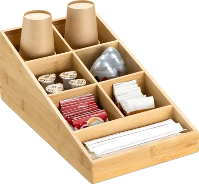 Produktbild von Navaris Kaffee Spender Organizer - Aufbewahrung von Kaffeezubehör - Kaffeebar für Zucker Milch Servietten Kapseln - Bambus Kaffeestation 7 Fächer