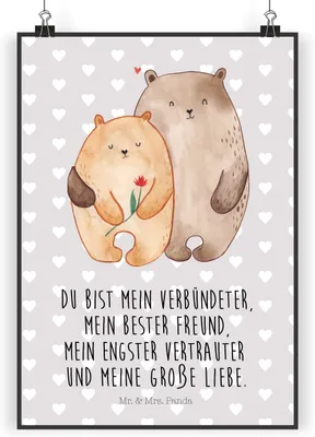 Produktbild von Mr. & Mrs. Panda Bild Bären Liebe DIN A4 - Grau Pastell - Geschenk, Freundin, wanddeko, drucke, Blume, Verknallt, Beziehung, Kuscheln, Kunstdruck, Posterdruck, Bär