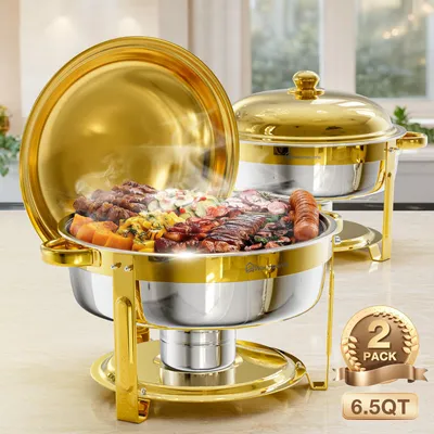 Produktbild von WARMOUNTS Chafing Dish 2er Set 6,5QT Buffet Warmhalter Buffetwärmer-Sets aus Edelstahl Rund mit Deckelhalter Stapelbar Catering Hochzeit Party, Gold