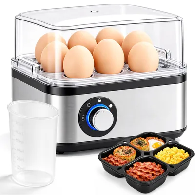 Produktbild von Eierkocher für 8 Eier, Edelstahl, Warmhaltefunktion, Härtegrad einstellbar, Signalton, inkl. Messbecher mit und Pochiereinsatz, 500 Watt, Silber