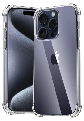 A clear protective case for an Apple iPhone 15 Pro Max is shown, with the phone partially visible inside.