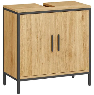 Image de Armoire de salle de bain moderne avec deux portes - Meuble de rangement indépendant avec étagère réglable, imitation bois en chêne