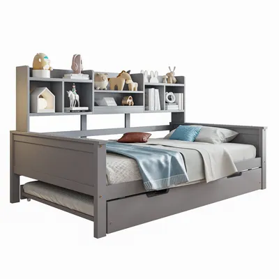 Produktbild von Abrihome Kinderbett 90x200cm mit Ausziehbett, Schlafsofa Holzbett mit Staufächer und Lattenrost, Grau