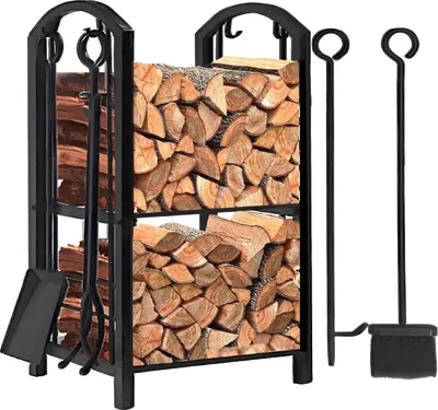 Obrázek produktu pro Amagabeli stojan na palivové dřevo se 4 krbovými nástroji černý 74x40x30cm