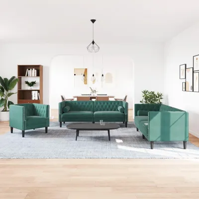 Produktbild von vidaXL 3-tlg. Chesterfield-Sofa-Set mit Nackenrollen Dunkelgrün Samt