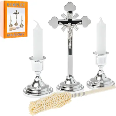 Obrázok produktu pre Weihnachtslieder-Set: Silberkreuz, Kerzenleuchter und traditioneller Sprinkler, 19 cm