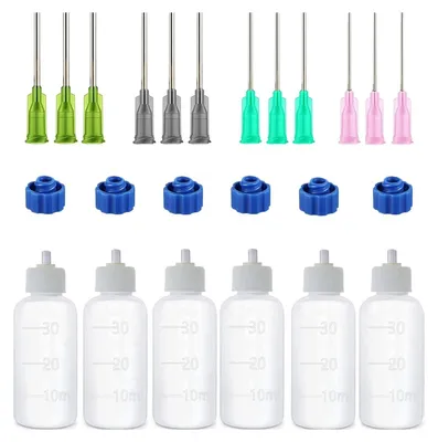 Produktbild von 6 Stück Nadelflasche 30ml, Nadelflaschen Set mit 12 Dosiernadeln und 6 Kappen, Quetschflasche mit Feinen Spitzen, Präzisionsspitzen Applikator Flasche für Flüssigkleber Öltintenfarbe, DIY Handwerk Nac