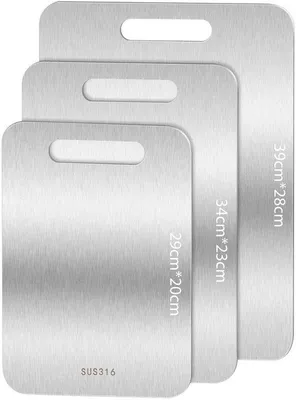 Produktbild von Unyqoos® 3er-Set doppelseitige Schneidebretter aus Edelstahl, antibakteriell, rutschfester Gummirahmen, spülmaschinenfest, 39 x 28 / 34 x 23 / 29 x 20 cm