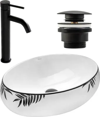 Obrázek produktu pro Umyvadlo na desku Rea SHILA + VYSOKÁ BATERIE LUNGO ČERNÁ + UNIVERZÁLNÍ ČERNÁ VÝPUSŤ