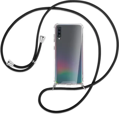 Produktbild von Handykette Backcover-Schutzhülle mit Band (Metall silberfarben) für Samsung Galaxy A70 - schwarz