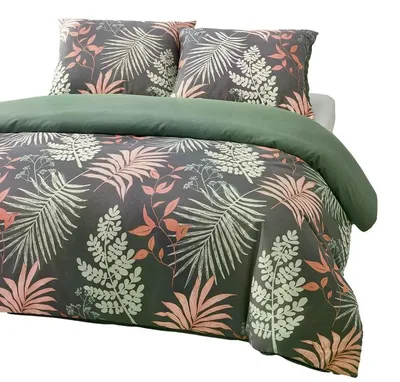 Image de Parure de lit, satin, haute qualité, motif feuilles tropicales, dimensions 200x220, marque Tropina