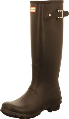 A single black Hunter Original Tall Wellington boot is shown against a white background.