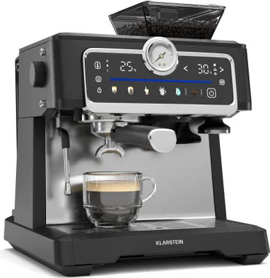 Image de Klarstein GrandPresso Touch Machine à café en grain – 20 Bars, 1350 W, Écran tactile, Broyeur intégré, Buse vapeur, Réservoir 2,3 L, Acier inoxydable, Noir