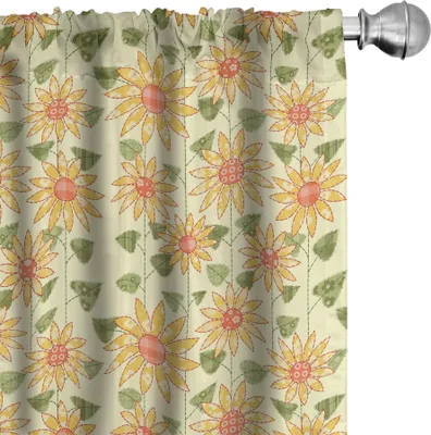 Obrázek produktu pro ABAKUHAUS Slunečnice Záclony, závěsy, květinový přírodní vzor v patchworkovém stylu, rustikální venkovský design, 2 kusy 75 x 175 cm, olivově zelená a oranžová