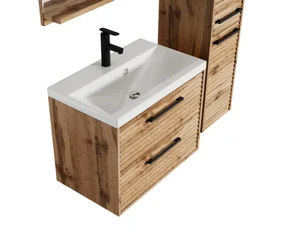 Produktbild von Badplaats Badmöbel Komplettset Etna 60 x 35 cm Eiche - Badezimmermöbel mit Waschbecken, Spiegelschrank und Hochschrank