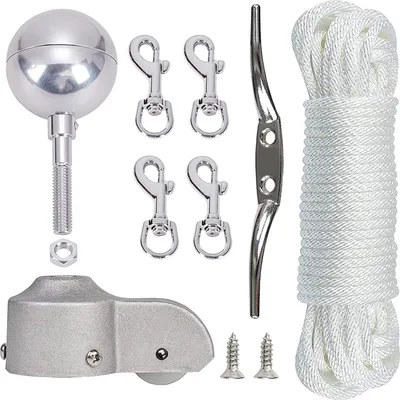 Produktbild von Fahnenmast-Zubehörset, Fahnenmast-Reparaturset, inklusive Aluminiumkugeln, Seilen, Kletterschnallen, Klemmen, Geschenkkappen, Fahnenmast-Ersatz mit Rollenrad