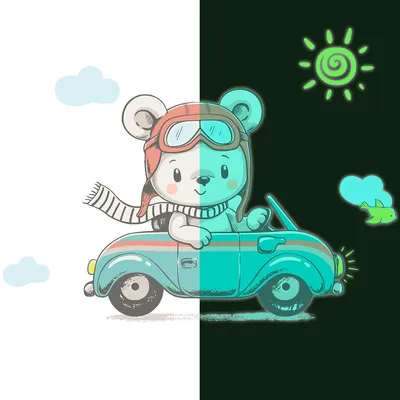 Produktbild von Leuchtsticker – Teddybär im Auto – Fluoreszierender Wand-/Deckensticker für Kinder – 120 x 140 cm