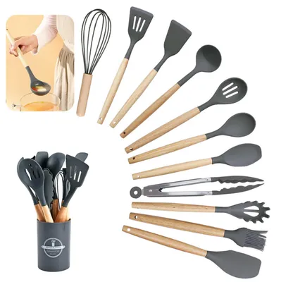 Produktbild von Küchenhelfer-Set, 12-teilig, mit hitzebeständigen Holzgriffen und Aufbewahrungsbox